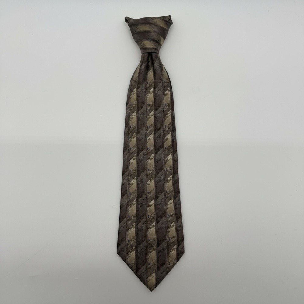 Essante Mens Silk Necktie Brown Tan Grey Geometric Diagonal Stripe Blue Diamond